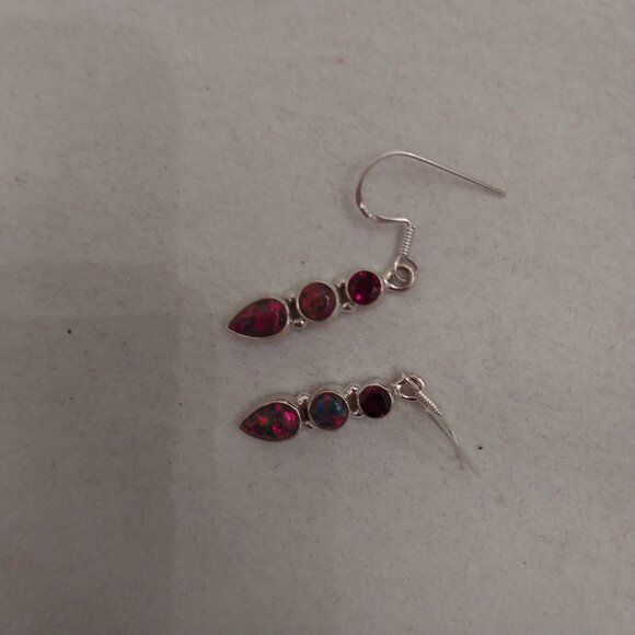New 1 Inch Dangle Garnet and Fire Opal 925 Sterling Silver Earrings - Picture 3 of 5